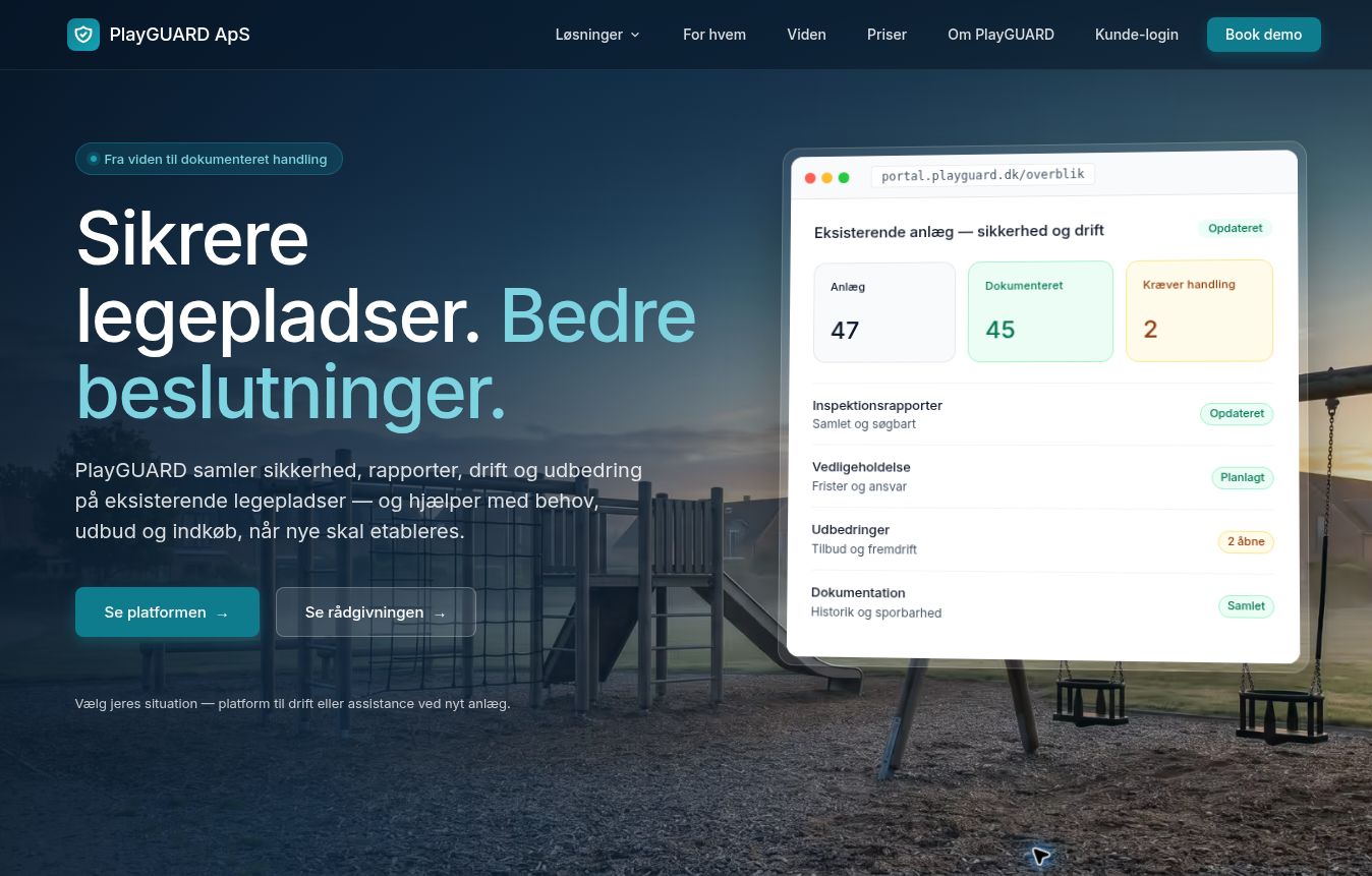 PlayGUARDs forside med mørk blå og turkis, et legepladsfoto og overskriften Sikrere legepladser. Bedre beslutninger. Til højre ses hjemmesidens illustration af platformoverblikket.